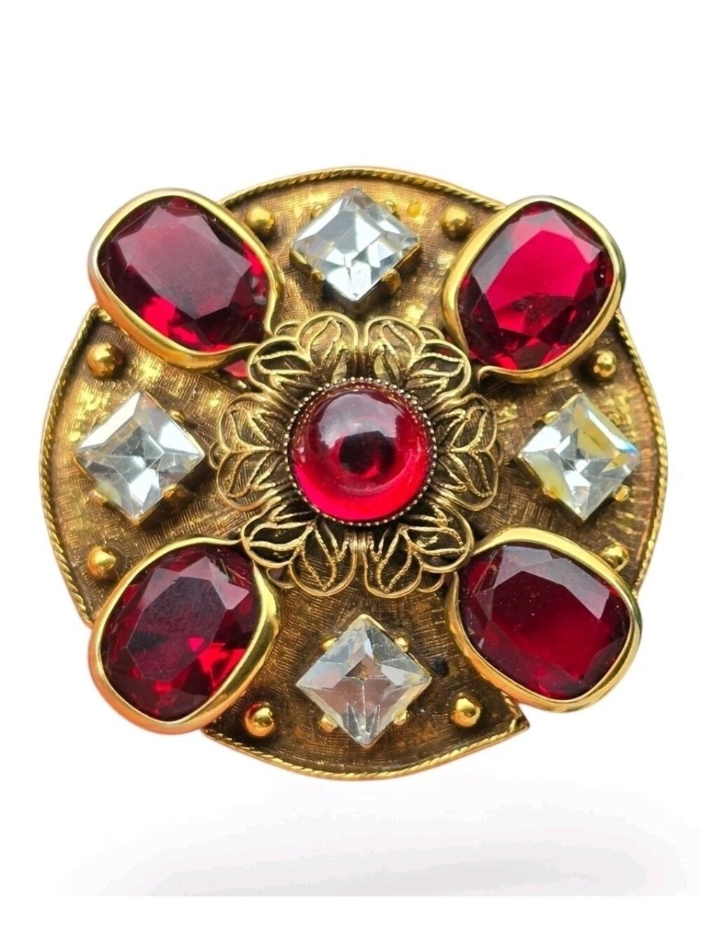 Vintage Signed Accessocraft NYC Byzantine Etruscan Brooch Pendant Red Glass
